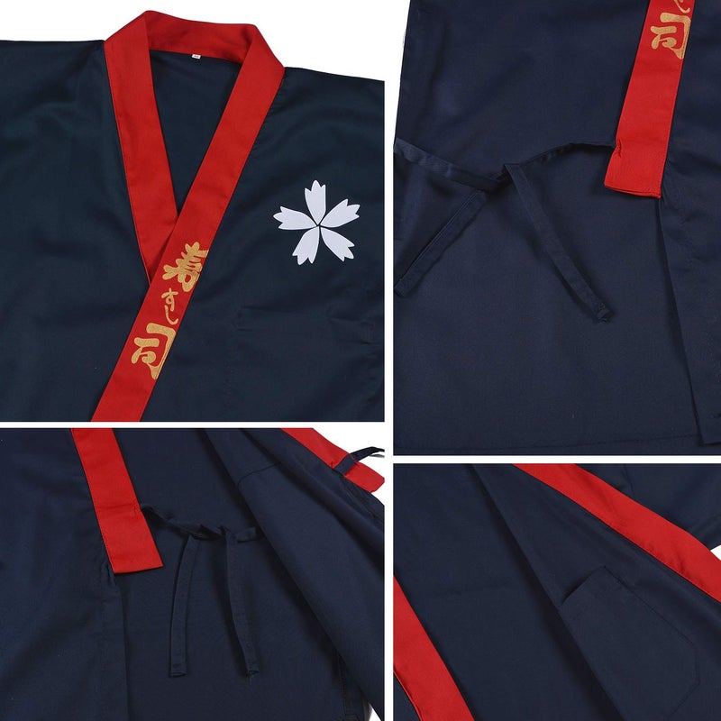 Elibelle Japanese Sushi Chef Coat Uniforms Kimono for Unisex wafu White Certain Victory Headband(Bule M) - Image 4